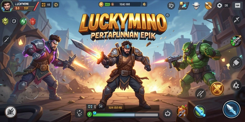 Tangkapan layar utama LUCKYMINO dengan aksi pertarungan epik.