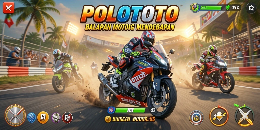 Tangkapan layar utama POLOTOTO menampilkan aksi balapan motor yang intens.