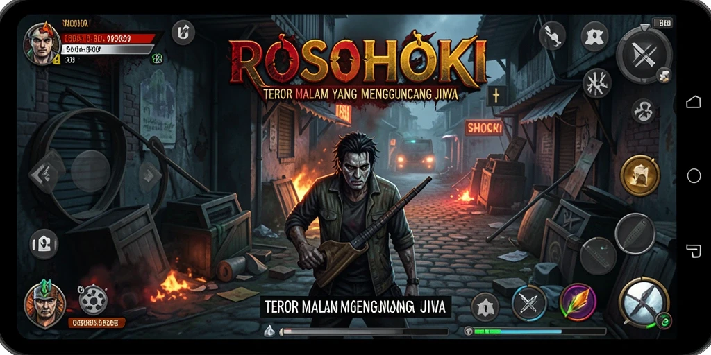 Screenshot gameplay ROSOHOKI menampilkan suasana mencekam dan hantu yang mengerikan.