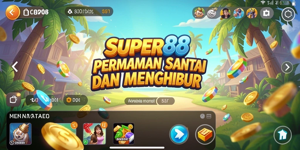 Menampilkan gameplay SUPER88 dengan grafis cerah dan penuh warna.
