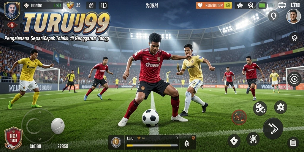 Tangkapan layar utama TURU99 menampilkan aksi seru di lapangan sepak bola.