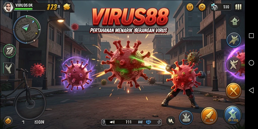 Gameplay menegangkan di VIRUS88 dengan berbagai tower dan serangan virus.